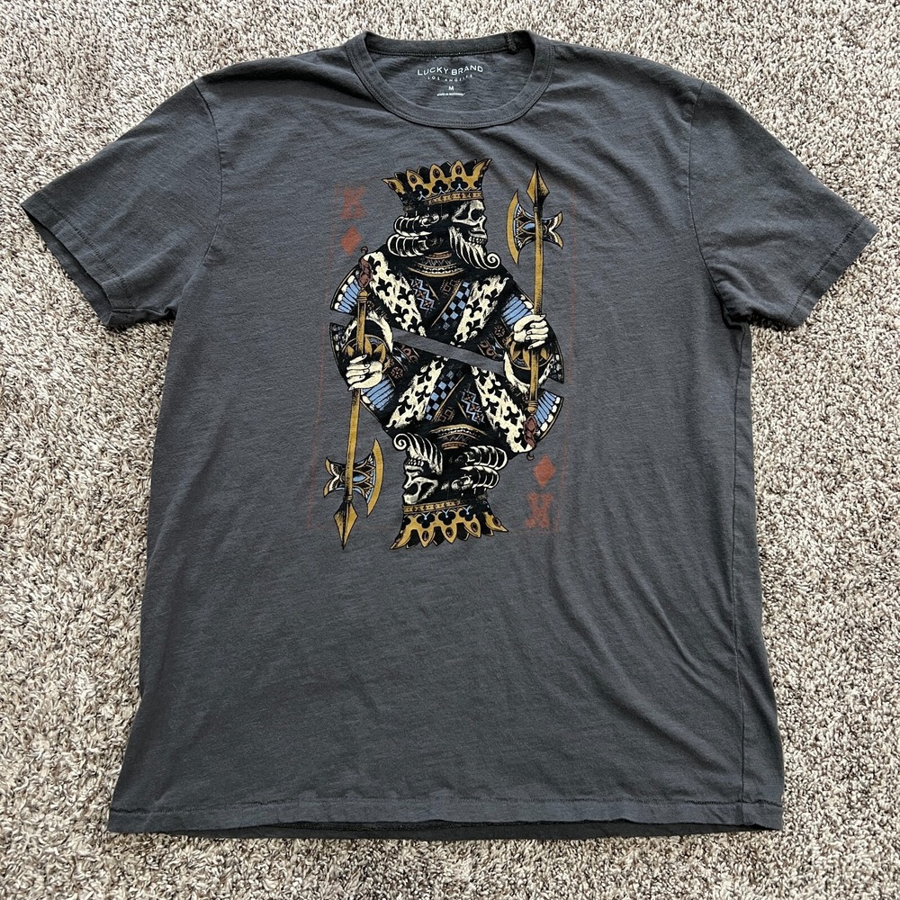 Lucky Brand Shirt Mens Size M Gray King Of Diamonds Graphic Single Stitch Skull
